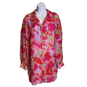 Vintage Russell Kemp Womens Pink Geometric Mod Print Button Up Blouse Size 16W